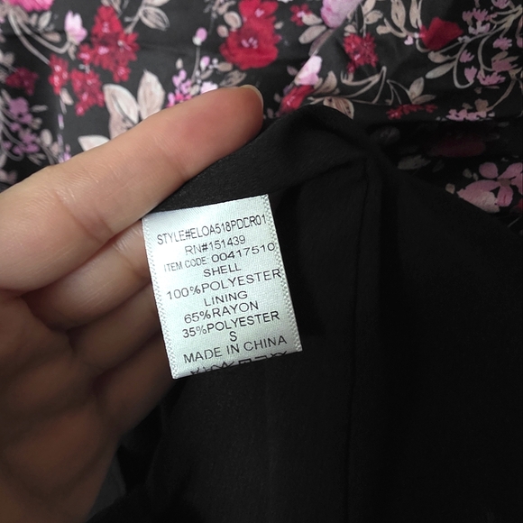 Forever 21 Black/Pink Floral V-Neck Faux Wrap Puffy Sleeve Dress Sz. Small - Picture 9 of 10